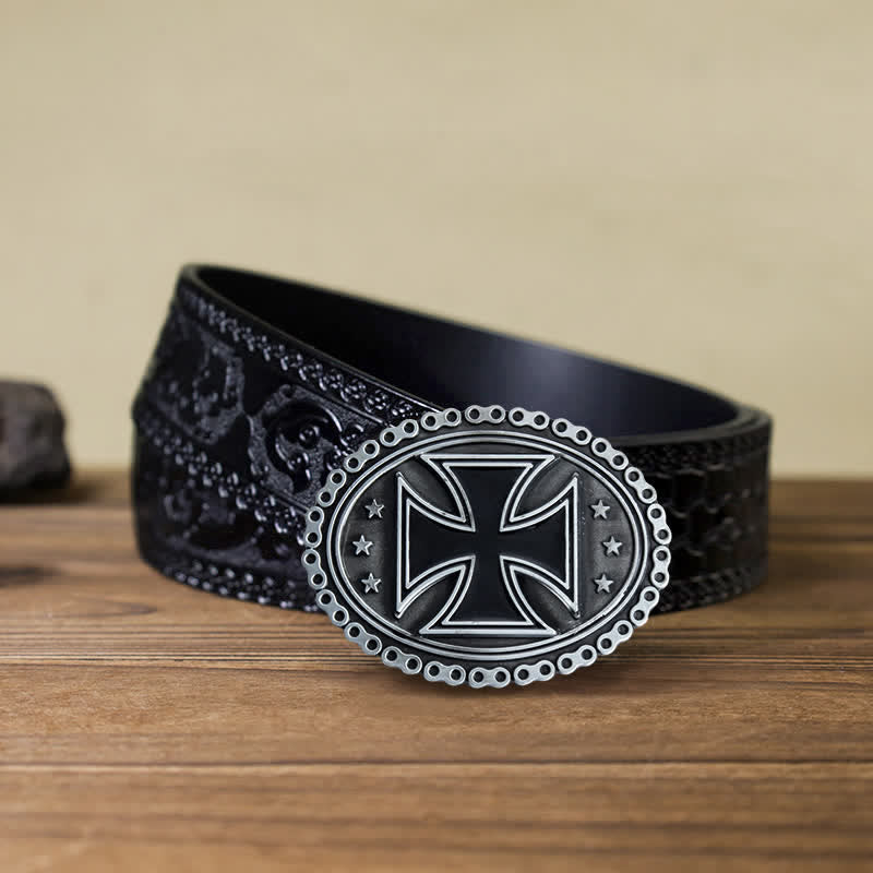 Cintura in pelle con fibbia da motociclista a forma di croce religiosa fai da te da uomo - Grigio - Cintura nera intagliata (40) - image 8