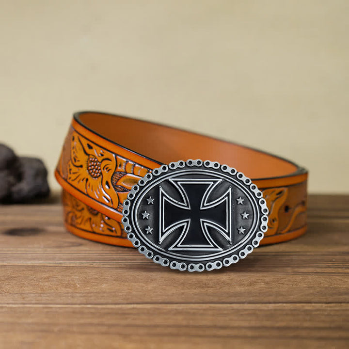 Cintura in pelle con fibbia da motociclista a forma di croce religiosa fai da te da uomo - Grigio - Cintura intagliata arancione (40) - image 11