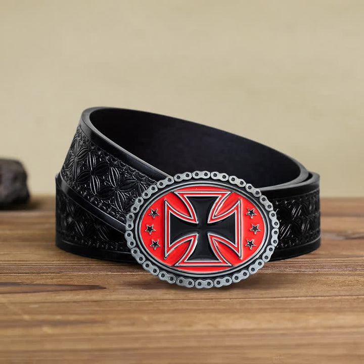 Cintura in pelle con fibbia da motociclista a forma di croce religiosa fai da te da uomo - Rosso - Cintura in tessuto goffrato nero (38) - image 17