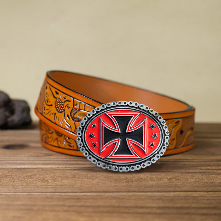 Cintura in pelle con fibbia da motociclista a forma di croce religiosa fai da te da uomo - Rosso - Cintura intagliata arancione (40) - image 21