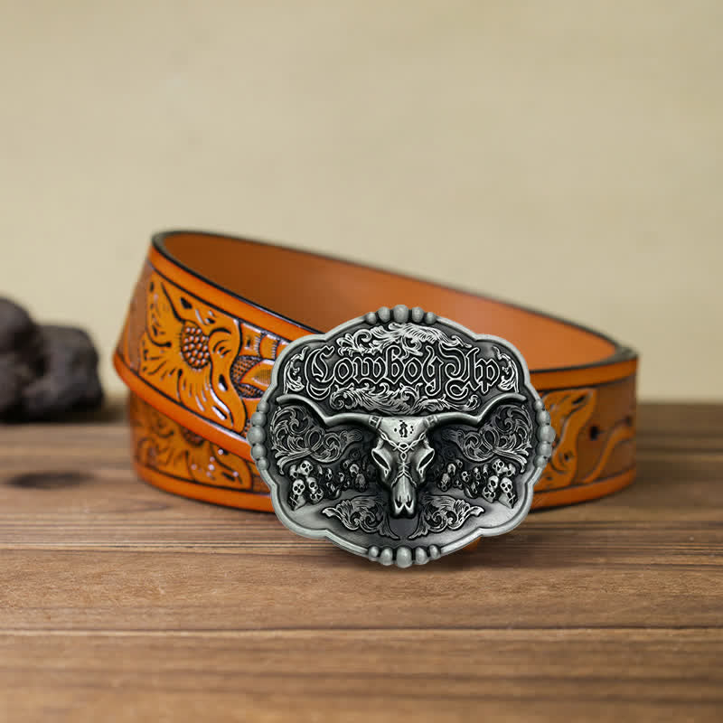 Cintura in pelle con fibbia a forma di toro da cowboy gotico fai da te da uomo - Toro - Cintura intagliata arancione (40) - image 9