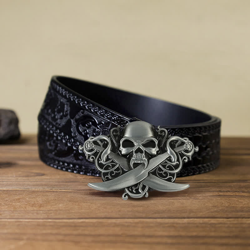 Cintura in pelle con fibbia fantasma e teschio a doppia spada fai da te da uomo - Cranio - Cintura nera intagliata (40) - image 7