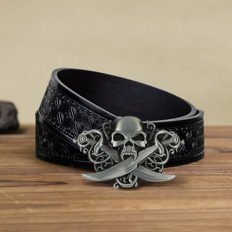 Cintura in pelle con fibbia fantasma e teschio a doppia spada fai da te da uomo - Cranio - Cintura in tessuto goffrato nero (38) - image 6