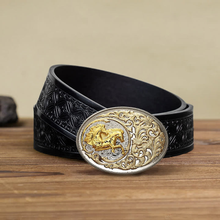 Cintura in pelle con fibbia a testa di cavallo dorata di lusso fai da te da uomo - Cavalli - Cintura in tessuto goffrato nero (38) - image 7