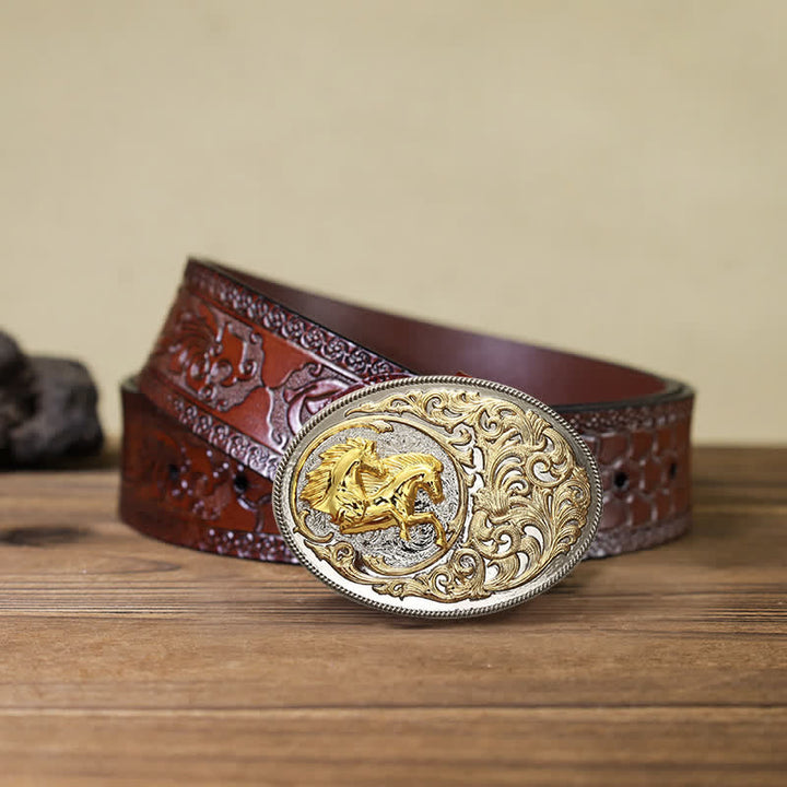Cintura in pelle con fibbia a testa di cavallo dorata di lusso fai da te da uomo - Cavalli - Cintura marrone intagliata (40) - image 9