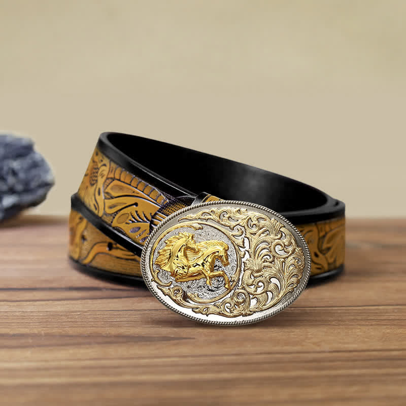 Cintura in pelle con fibbia a testa di cavallo dorata di lusso fai da te da uomo - Cavalli - Cintura marrone sabbia (40) - image 10