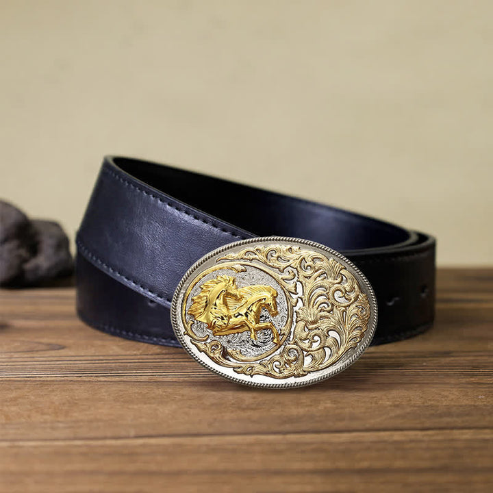 Cintura in pelle con fibbia a testa di cavallo dorata di lusso fai da te da uomo - Cavalli - Cintura PU nera (40) - image 5