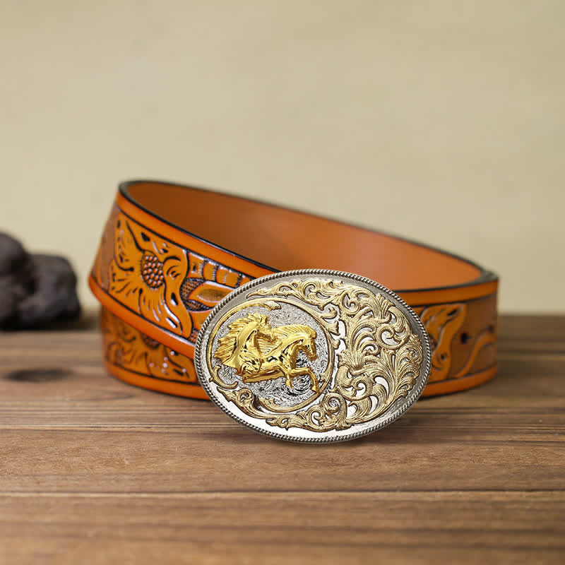 Cintura in pelle con fibbia a testa di cavallo dorata di lusso fai da te da uomo - Cavalli - Cintura intagliata arancione (40) - image 11