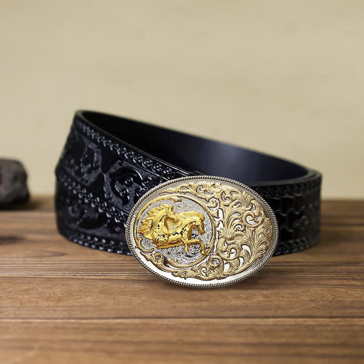 Cintura in pelle con fibbia a testa di cavallo dorata di lusso fai da te da uomo - Cavalli - Cintura nera intagliata (40) - image 8
