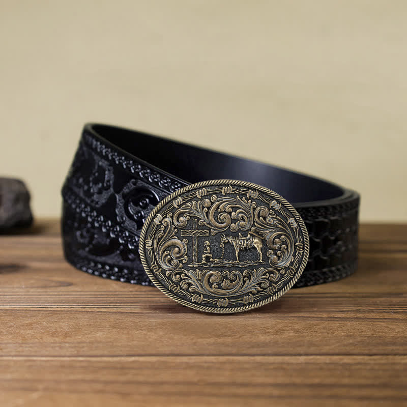 Cintura in pelle con fibbia inginocchiata fai da te da cavaliere da uomo - Bronzo - Cintura nera intagliata (40) - image 17