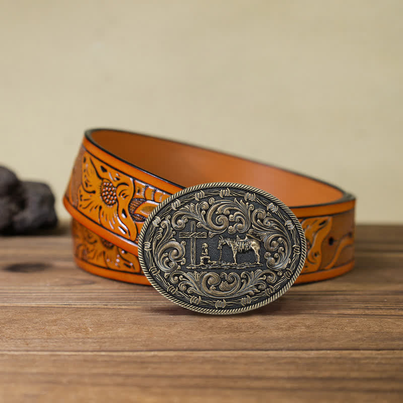 Cintura in pelle con fibbia inginocchiata fai da te da cavaliere da uomo - Bronzo - Cintura intagliata arancione (40) - image 20