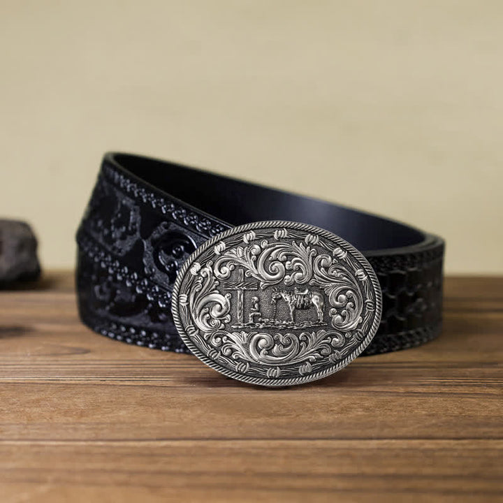 Cintura in pelle con fibbia inginocchiata fai da te da cavaliere da uomo - Argento - Cintura nera intagliata (40) - image 8