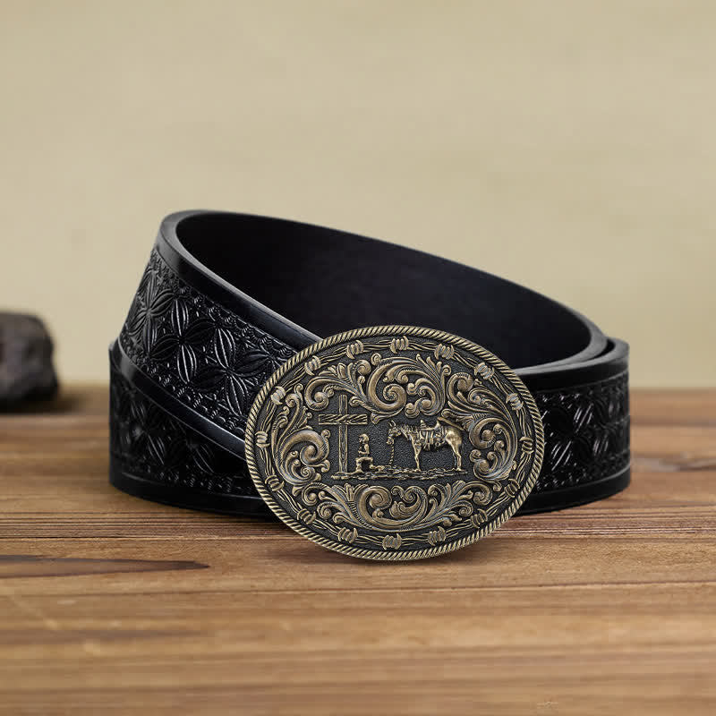 Cintura in pelle con fibbia inginocchiata fai da te da cavaliere da uomo - Bronzo - Cintura in tessuto goffrato nero (38) - image 16