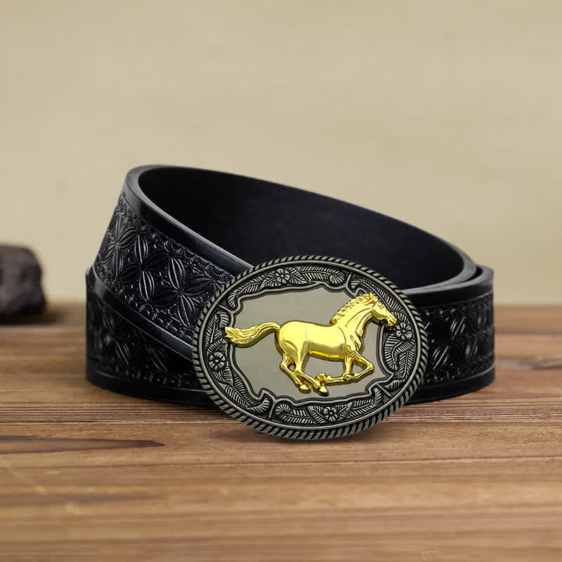 Cintura in pelle con fibbia a forma di animale, cavallo, toro, fai da te, da uomo - Cavallo - Cintura in tessuto goffrato nero (38) - image 4