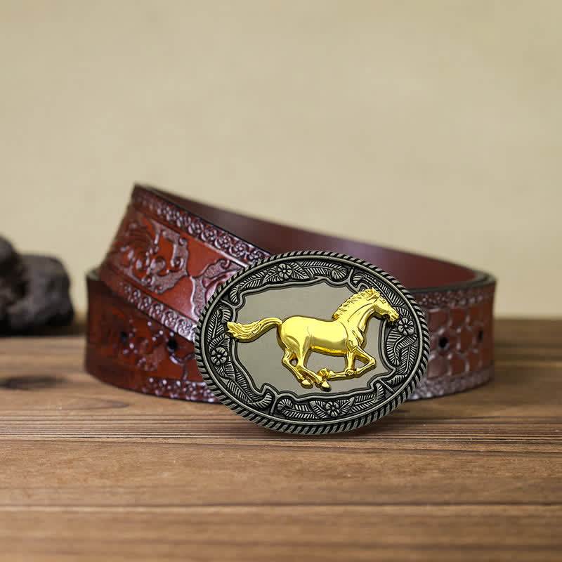 Cintura in pelle con fibbia a forma di animale, cavallo, toro, fai da te, da uomo - Cavallo - Cintura marrone intagliata (40) - image 6