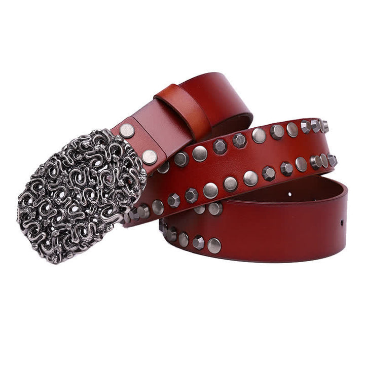 Cintura da uomo in pelle con fibbia liscia e rivetti a forma di serpente - Marrone-rossastro - 44 - image 8