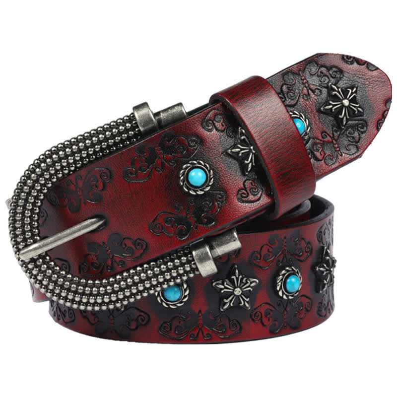 Cintura da uomo in pelle con rivetti, intaglio a farfalla e intarsio turchese - Rosso - 38 - image 4