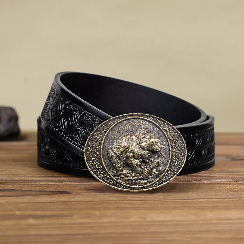 Cintura in pelle fai da te con fibbia a forma di toro e orso selvatico da uomo - Orso - Cintura in tessuto goffrato nero (38) - image 6