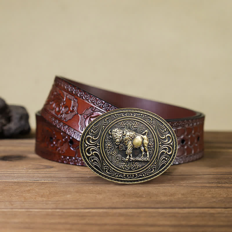 Cintura in pelle fai da te con fibbia a forma di toro e orso selvatico da uomo - Toro - Cintura marrone intagliata (40) - image 17
