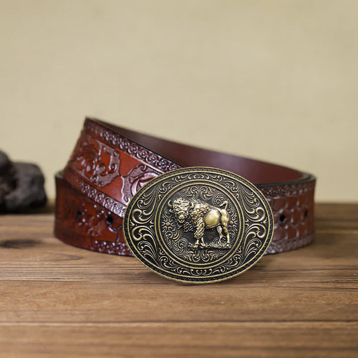 Cintura in pelle fai da te con fibbia a forma di toro e orso selvatico da uomo - Toro - Cintura marrone intagliata (40) - image 17