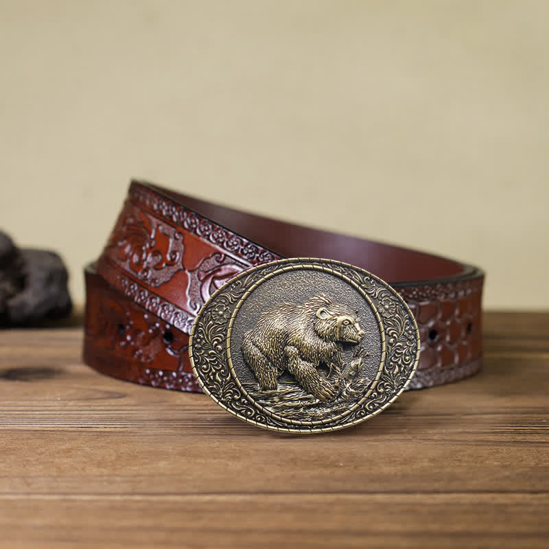 Cintura in pelle fai da te con fibbia a forma di toro e orso selvatico da uomo - Orso - Cintura marrone intagliata (40) - image 8