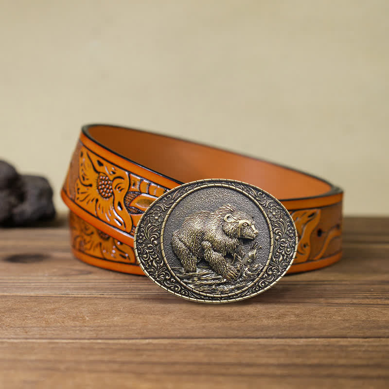 Cintura in pelle fai da te con fibbia a forma di toro e orso selvatico da uomo - Orso - Cintura intagliata arancione (40) - image 10