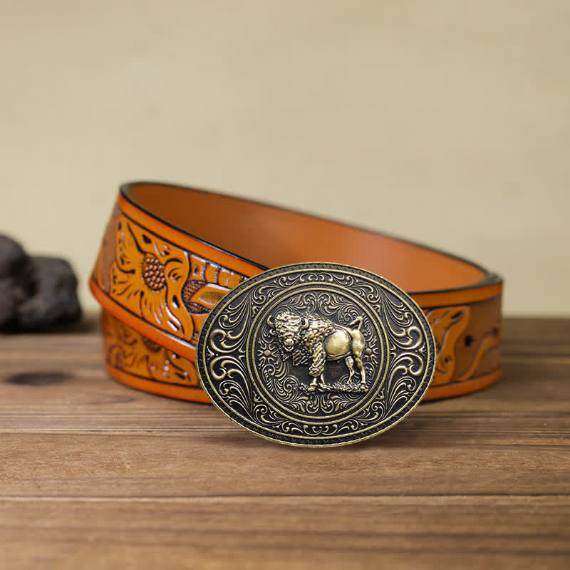 Cintura in pelle fai da te con fibbia a forma di toro e orso selvatico da uomo - Toro - Cintura intagliata arancione (40) - image 19