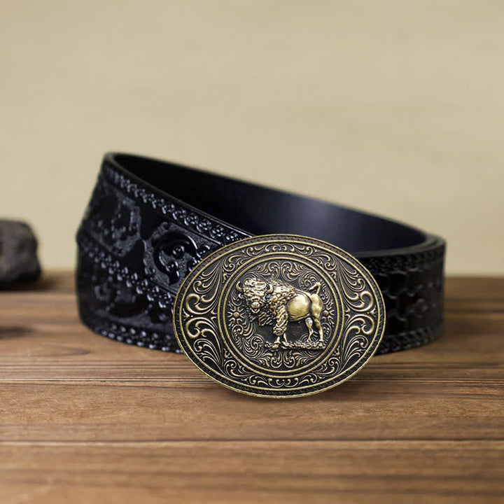Cintura in pelle fai da te con fibbia a forma di toro e orso selvatico da uomo - Toro - Cintura nera intagliata (40) - image 16