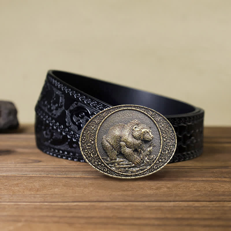 Cintura in pelle fai da te con fibbia a forma di toro e orso selvatico da uomo - Orso - Cintura nera intagliata (40) - image 7