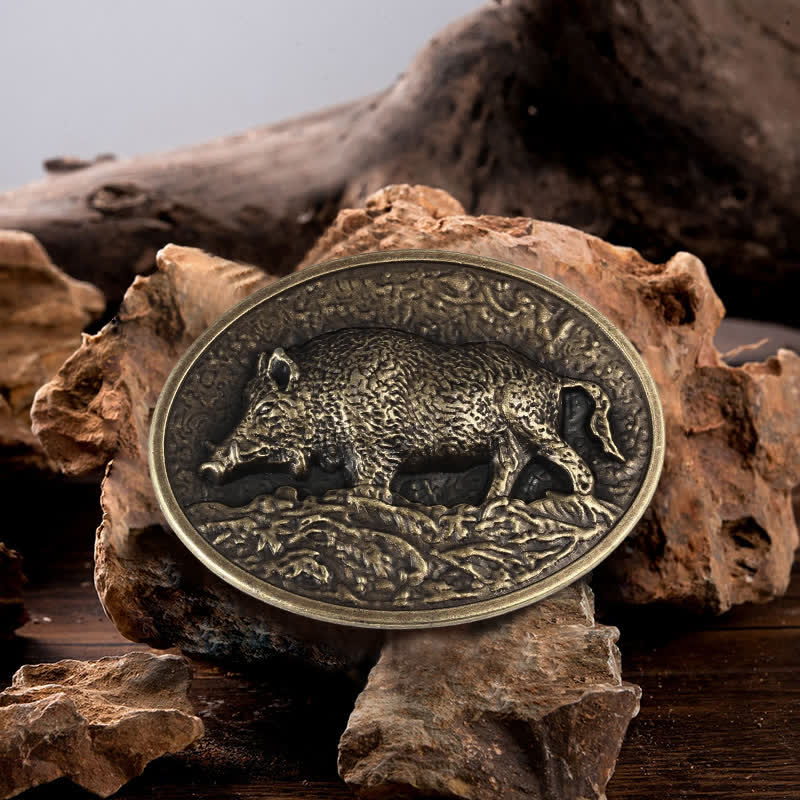 Cintura in pelle con fibbia a forma di cinghiale fai da te da uomo - Bronzo antico - Senza cintura - image 0