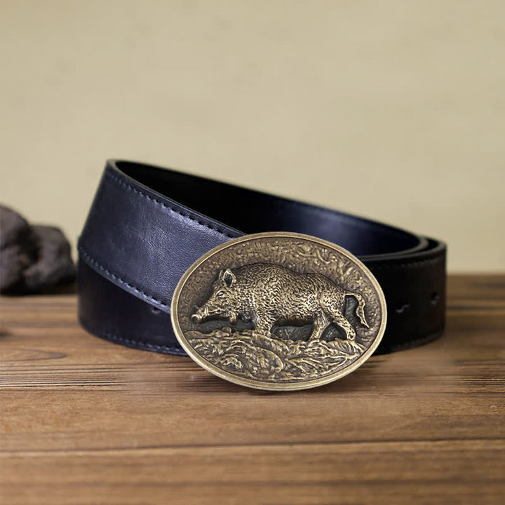 Cintura in pelle con fibbia a forma di cinghiale fai da te da uomo - Bronzo antico - Cintura PU nera (40) - image 5