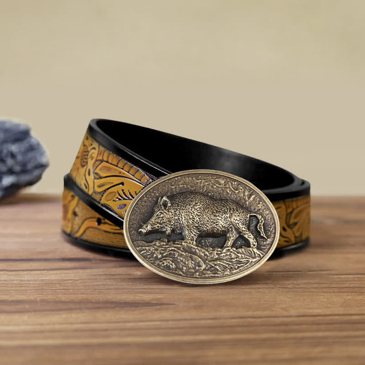 Cintura in pelle con fibbia a forma di cinghiale fai da te da uomo - Bronzo antico - Cintura marrone sabbia (40) - image 10
