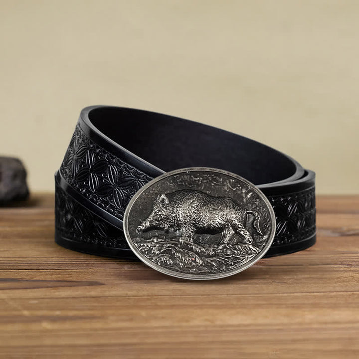Cintura in pelle con fibbia a forma di cinghiale fai da te da uomo - Argento antico - Cintura in tessuto goffrato nero (38) - image 15