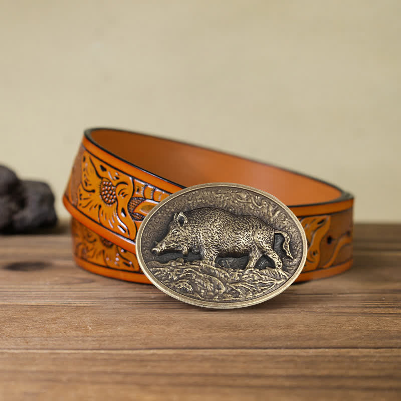 Cintura in pelle con fibbia a forma di cinghiale fai da te da uomo - Bronzo antico - Cintura intagliata arancione (40) - image 11