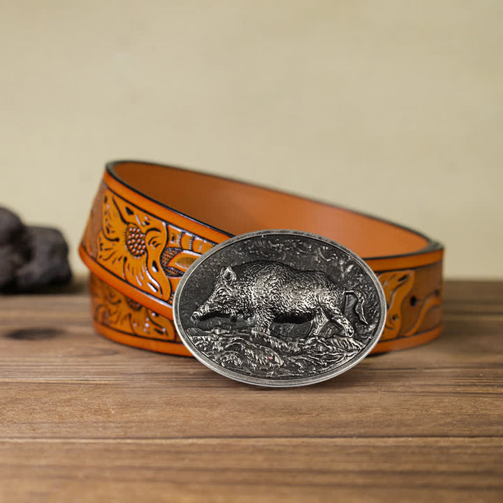 Cintura in pelle con fibbia a forma di cinghiale fai da te da uomo - Argento antico - Cintura intagliata arancione (40) - image 19
