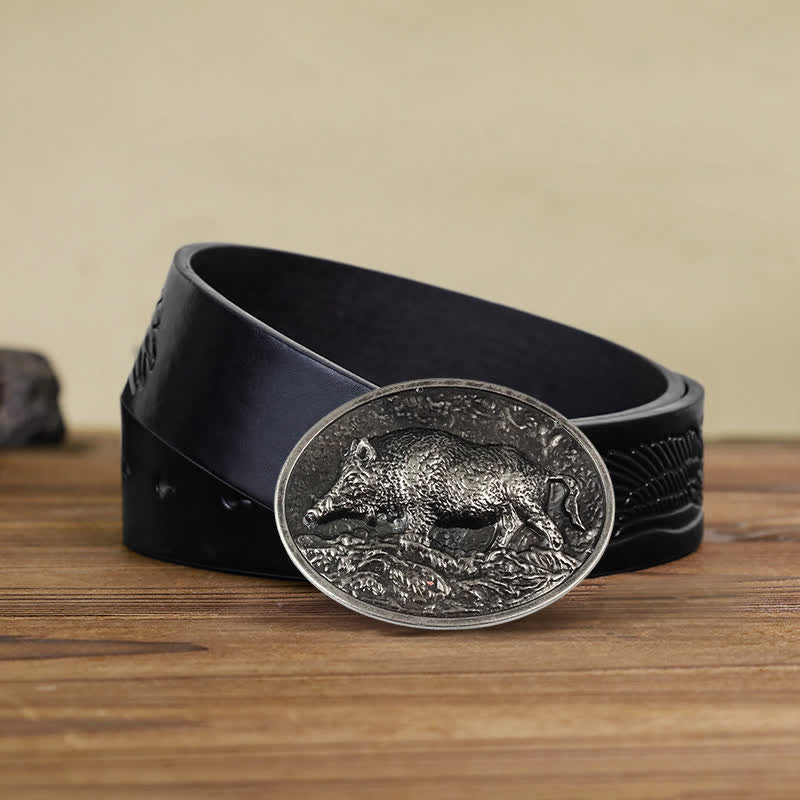 Cintura in pelle con fibbia a forma di cinghiale fai da te da uomo - Argento antico - Cintura aquila nera in rilievo (38) - image 14