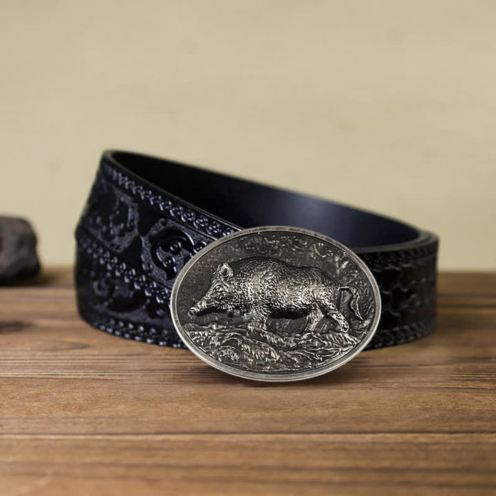 Cintura in pelle con fibbia a forma di cinghiale fai da te da uomo - Argento antico - Cintura nera intagliata (40) - image 16