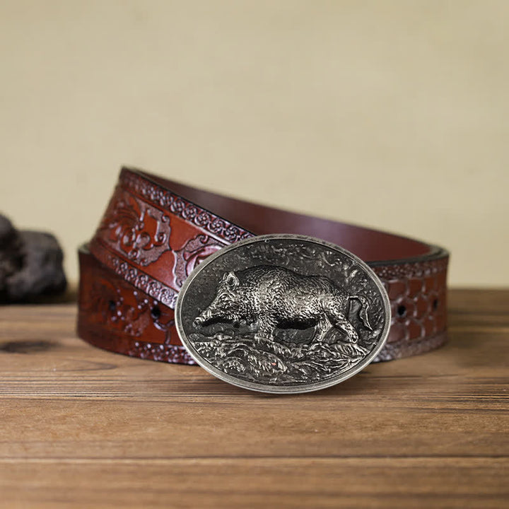Cintura in pelle con fibbia a forma di cinghiale fai da te da uomo - Argento antico - Cintura marrone intagliata (40) - image 17