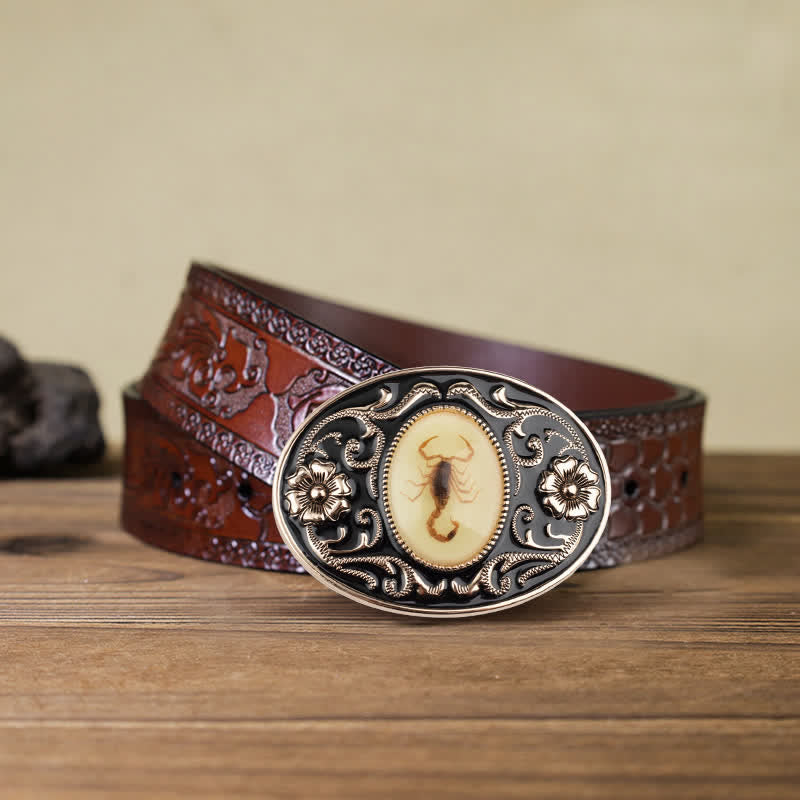 Cintura in pelle con fibbia a forma di scorpione luminoso decorativo fai da te da uomo - Scorpion - Cintura marrone intagliata (40) - image 11