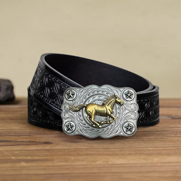 Cintura in pelle fai da te con fibbia Western Wild Horse da uomo - Argento - Cintura in tessuto goffrato nero (38) - image 14