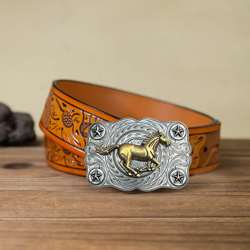 Cintura in pelle fai da te con fibbia Western Wild Horse da uomo - Argento - Cintura intagliata arancione (40) - image 18