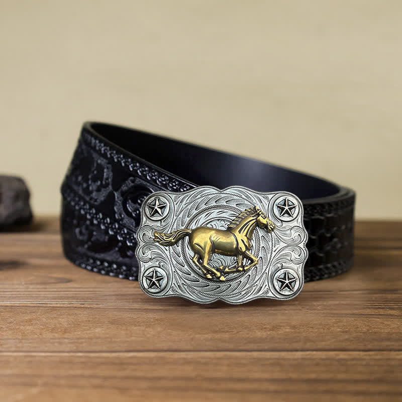 Cintura in pelle fai da te con fibbia Western Wild Horse da uomo - Argento - Cintura nera intagliata (40) - image 15