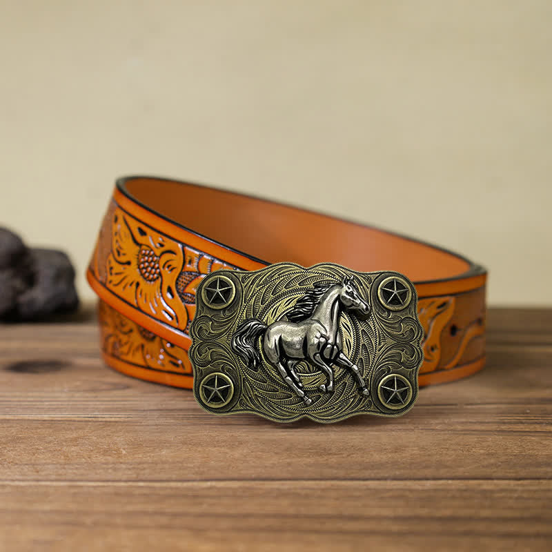 Cintura in pelle fai da te con fibbia Western Wild Horse da uomo - Bronzo - Cintura intagliata arancione (40) - image 9