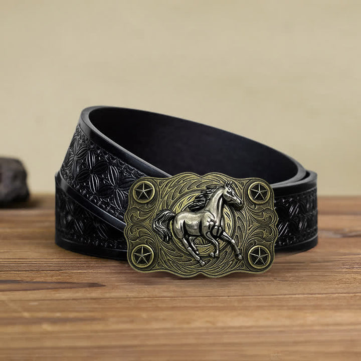 Cintura in pelle fai da te con fibbia Western Wild Horse da uomo - Bronzo - Cintura in tessuto goffrato nero (38) - image 5