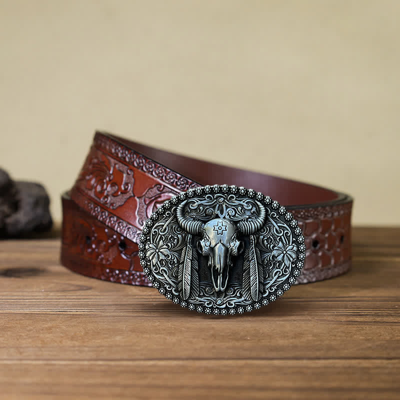 Cintura in pelle con fibbia decorativa etnica a forma di toro fai da te da uomo - Argento antico - Cintura marrone intagliata (40) - image 7