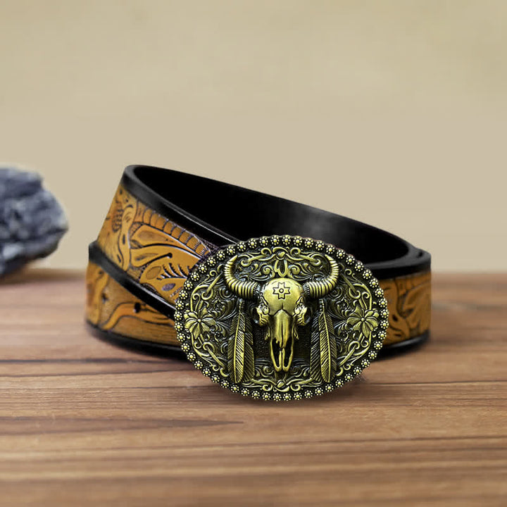Cintura in pelle con fibbia decorativa etnica a forma di toro fai da te da uomo - Bronzo antico - Cintura marrone sabbia (40) - image 17