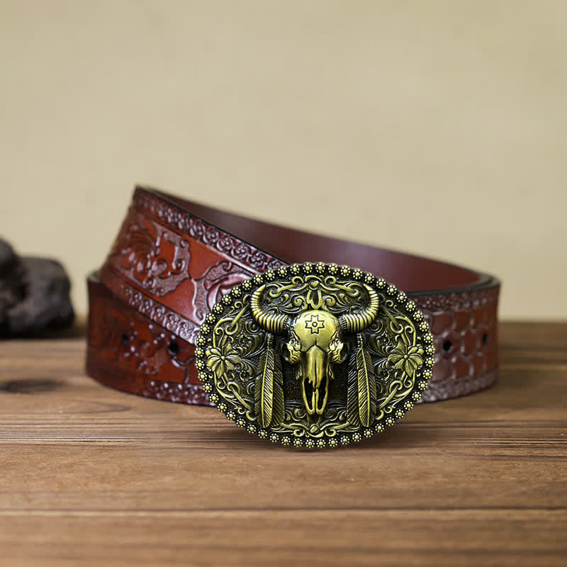 Cintura in pelle con fibbia decorativa etnica a forma di toro fai da te da uomo - Bronzo antico - Cintura marrone intagliata (40) - image 16