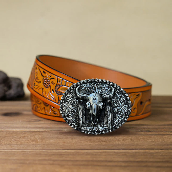 Cintura in pelle con fibbia decorativa etnica a forma di toro fai da te da uomo - Argento antico - Cintura intagliata arancione (40) - image 9