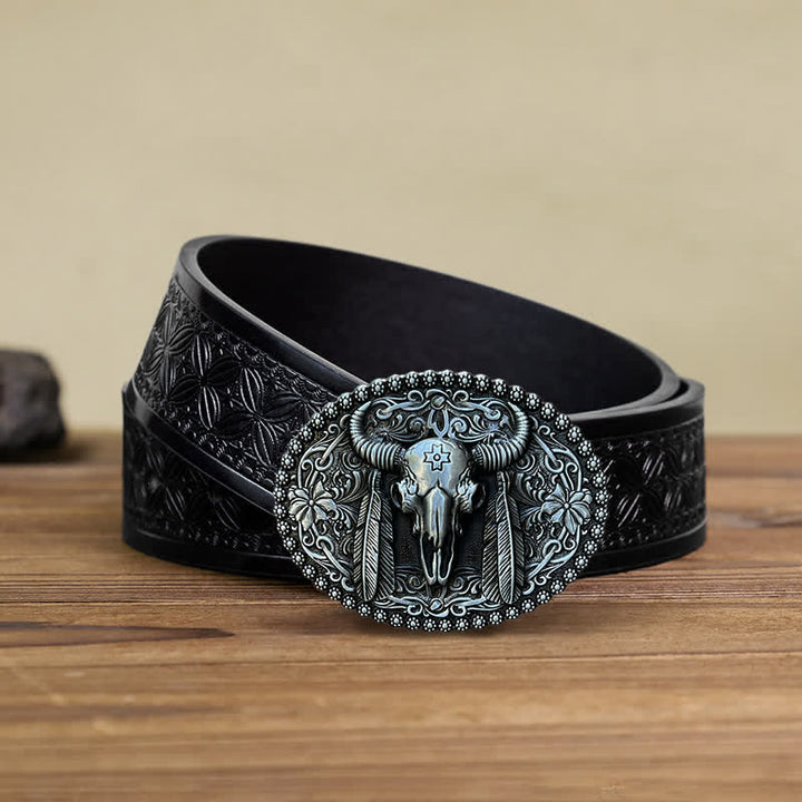 Cintura in pelle con fibbia decorativa etnica a forma di toro fai da te da uomo - Argento antico - Cintura in tessuto goffrato nero (38) - image 5
