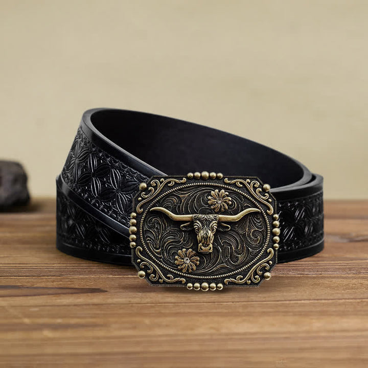 Cintura in pelle con fibbia in strass floreale fai da te da uomo - Toro - Cintura in tessuto goffrato nero (38) - image 4